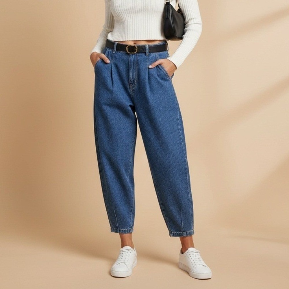 ZARA Tapered Pleated Mom Jeans Women's Size 6 High Waist Blue Denim Relaxed Fit